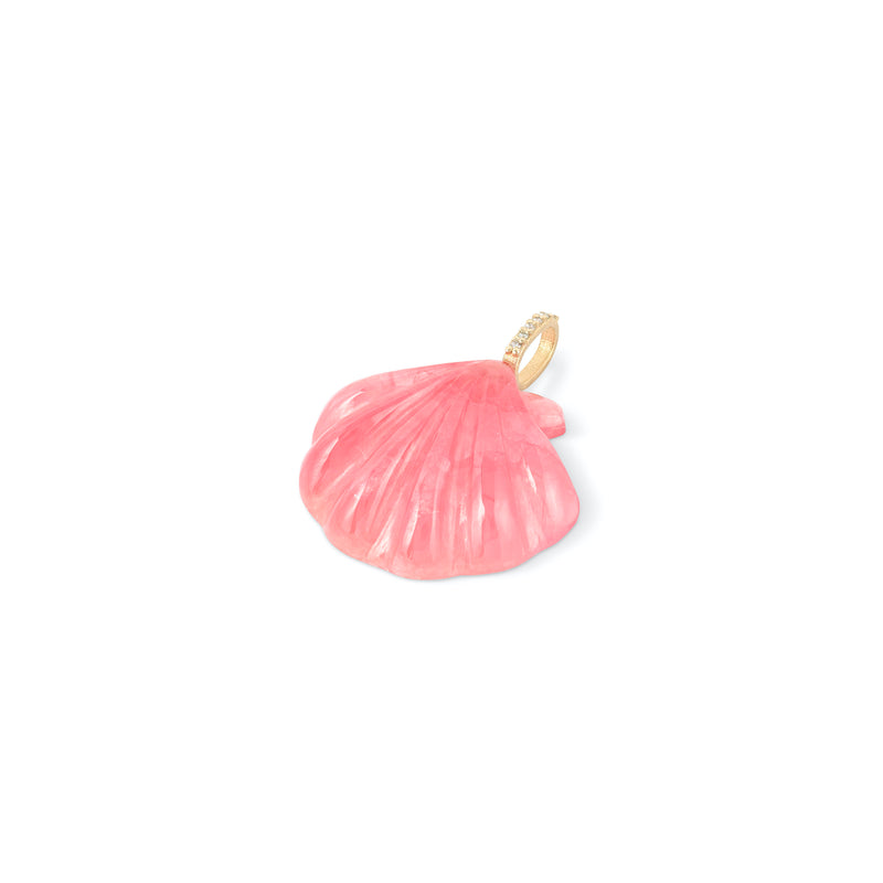 The Pink Rhodochrosite Scallop Shell Pendant by Kate Collins Jewelry features a 14K gold and diamond bail and is shown against a white background.