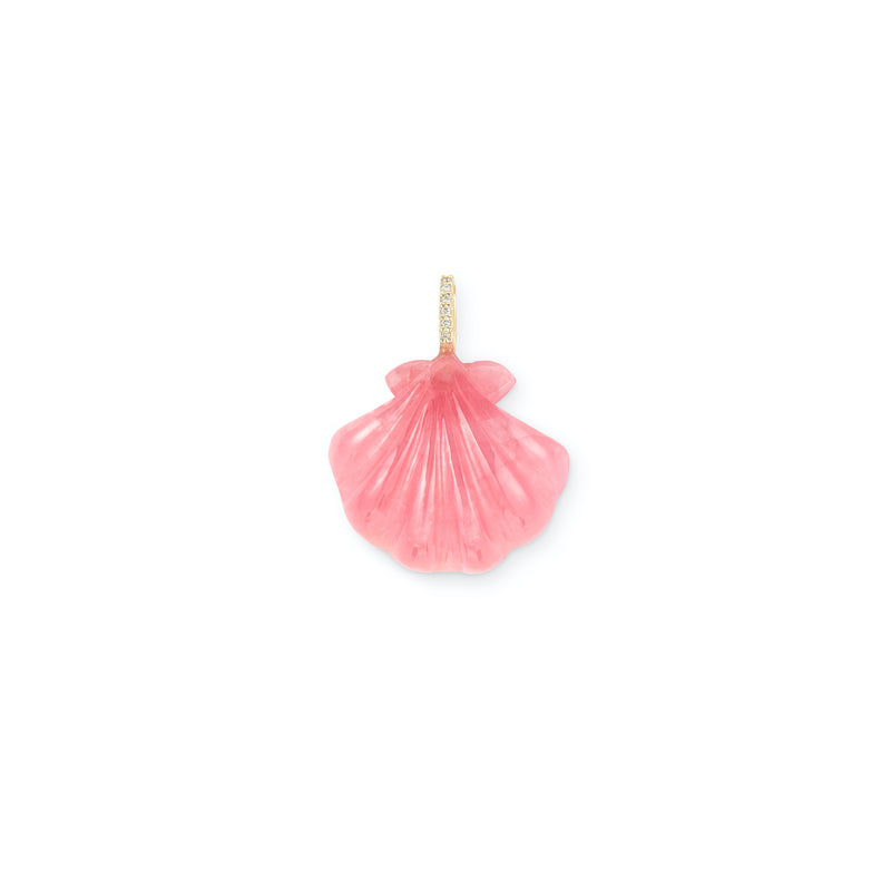 The Pink Rhodochrosite Scallop Shell Pendant by Kate Collins Jewelry features a 14K gold loop at the top and is shown on a white background.