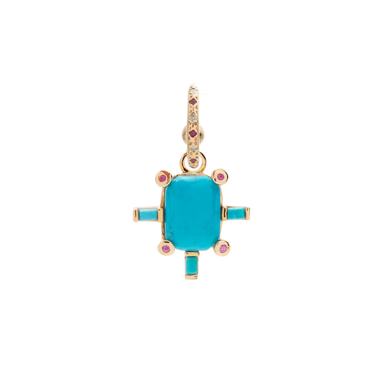 The Scosha Juno Charm with Turquoise is a 14k gold turtle-shaped pendant featuring a large turquoise stone shell, turquoise inlays on the limbs, and small ruby accents around the edge, displayed on a white background.