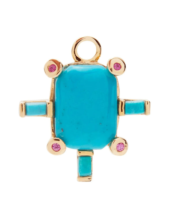 The Scosha Juno Charm with Turquoise is a 14k gold pendant shaped like a turtle, featuring a large turquoise stone shell, four turquoise rectangle legs, and four small rubies at the corners.