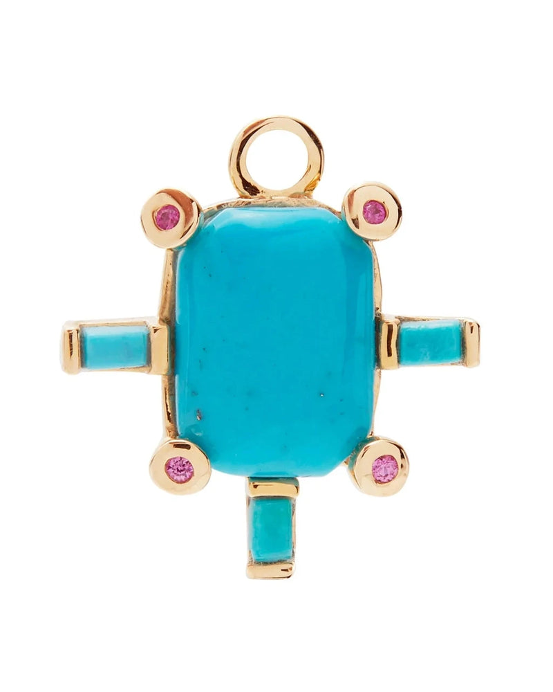 The Scosha Juno Charm with Turquoise is a 14k gold pendant shaped like a turtle, featuring a large turquoise stone shell, four turquoise rectangle legs, and four small rubies at the corners.