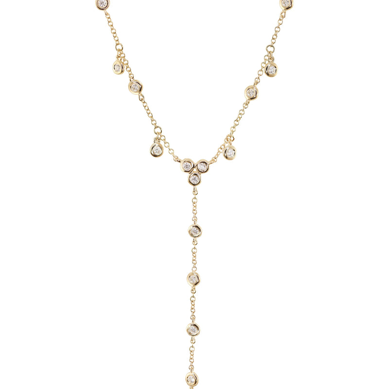 14kt gold single row diamond bezel drip lariat necklace