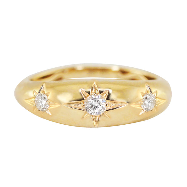 14kt gold three diamond starburst dome ring