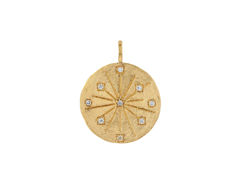 The Diamond Star Compass Charm by Rachel Reid is crafted in 14k yellow gold, featuring a radial starburst design adorned with ten small diamonds totaling 0.20 CT. This round charm sports a textured finish and includes a circular loop on top, making it easy to attach to your favorite chain.