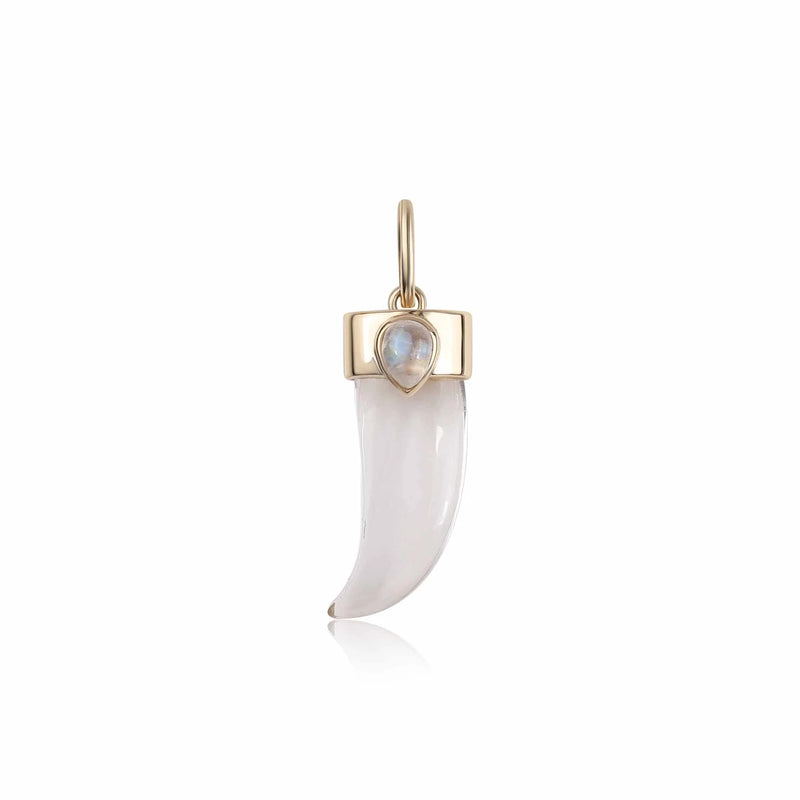 The Rachel Reid Gemstone Horn Charm features a curved, translucent white fang-shaped stone capped with 14k gold and an iridescent gemstone—perfect to pair with a mini Jewish Star or diamond charm for extra elegance.