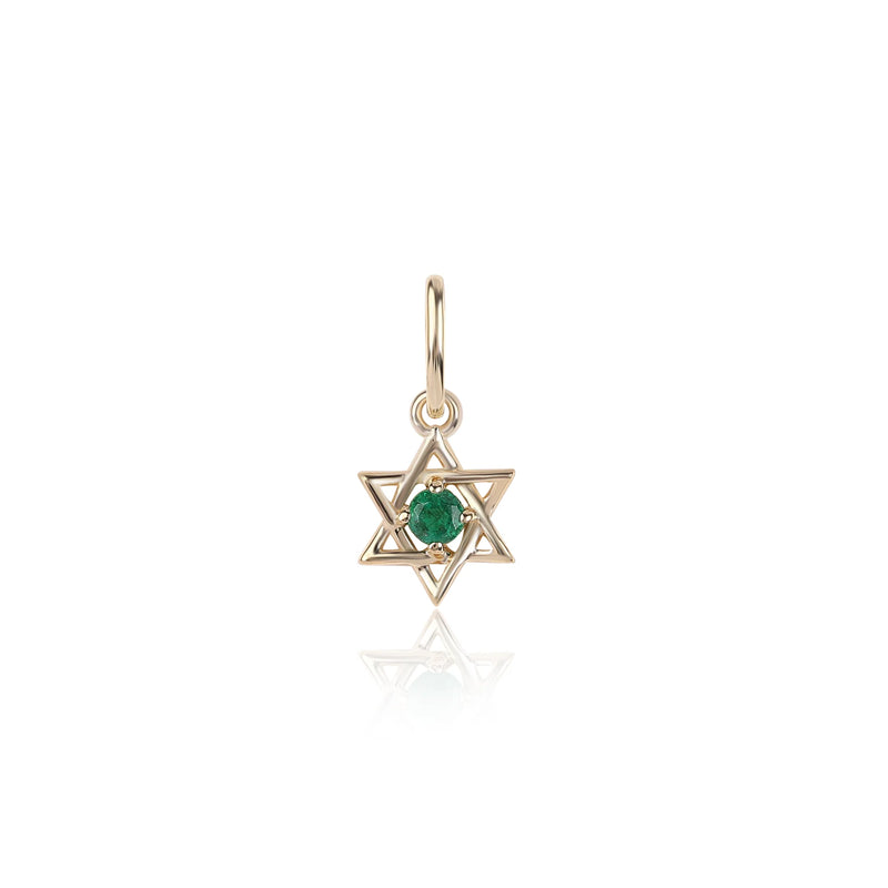 The Mini Jewish Star Charm by Rachel Reid is a gold Star of David pendant in 14K yellow gold with a central green gemstone, displayed on a white background.
