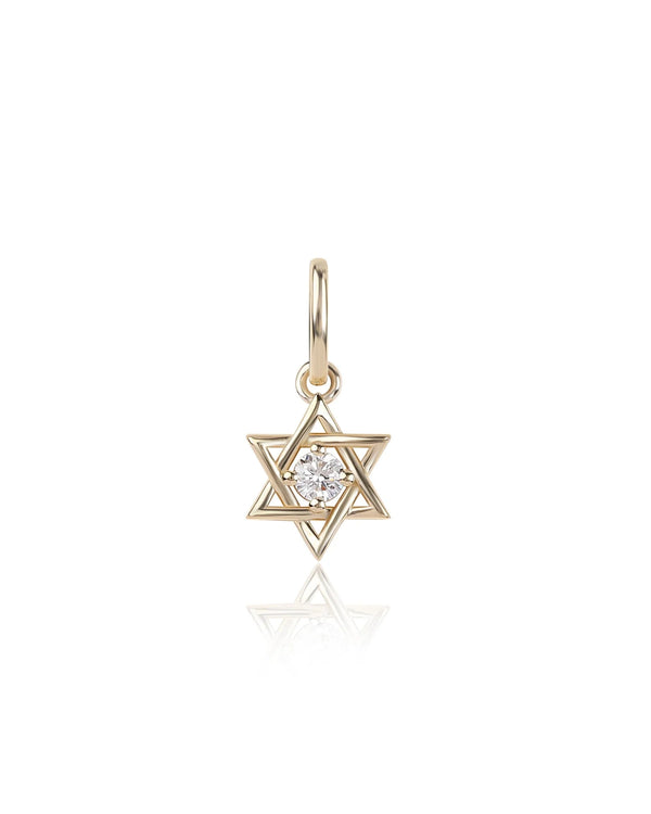 The Rachel Reid Mini Jewish Star Charm is a 14K gold pendant featuring a central round diamond, shown on a white background. Its clean design includes a small top loop for attaching to chains or gemstone necklaces.