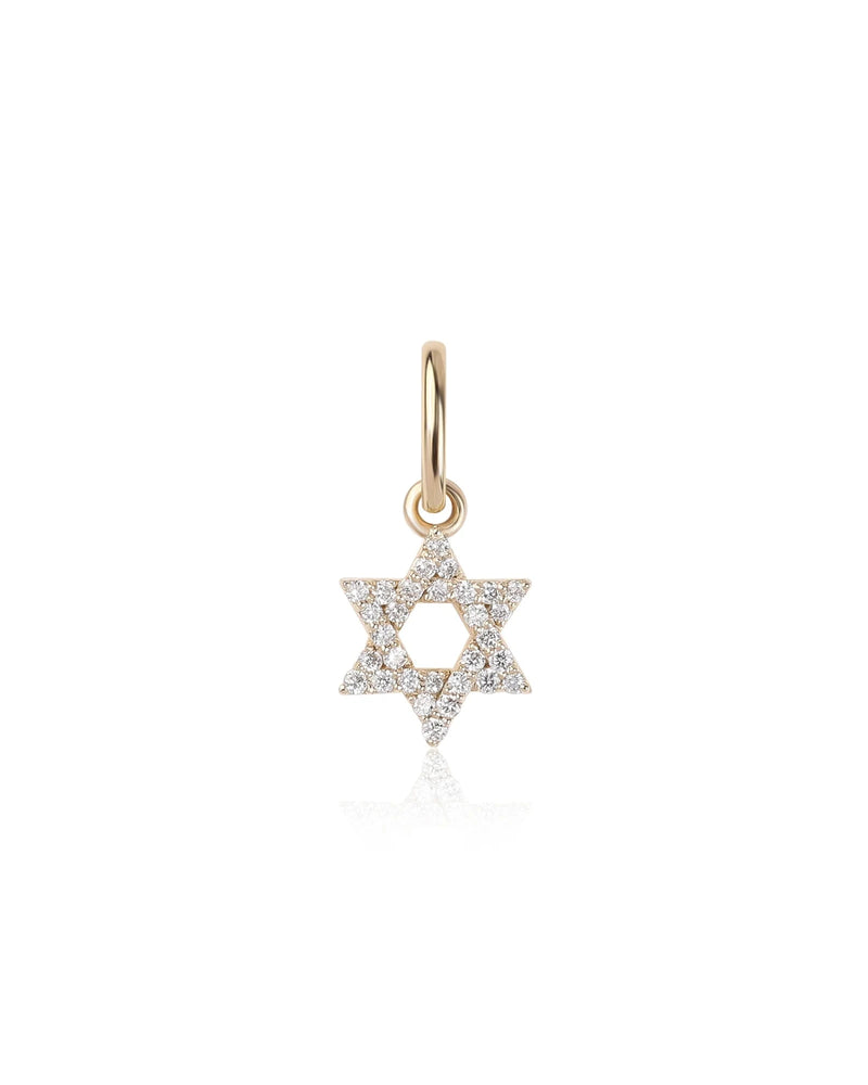 The Rachel Reid Mini Jewish Star Charm is a 14k yellow gold pendant adorned with sparkling diamonds, shown on a plain white background.