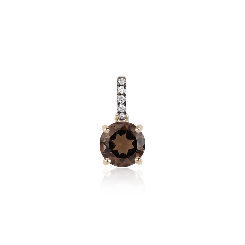 The Rachel Reid Gemstone Charm features a round faceted brown gemstone in a 14k gold prong setting with a diamond-accented bail, perfect for layering. Shown on a plain white background.