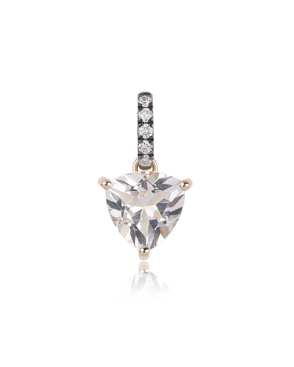 The Rachel Reid Trillion White Topaz and Diamond Charm features a heart-shaped white topaz pendant in 14k yellow gold, accented with small round diamonds on the bail, shown against a white background.