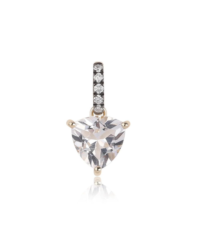 The Rachel Reid Trillion White Topaz and Diamond Charm features a heart-shaped white topaz pendant in 14k yellow gold, accented with small round diamonds on the bail, shown against a white background.