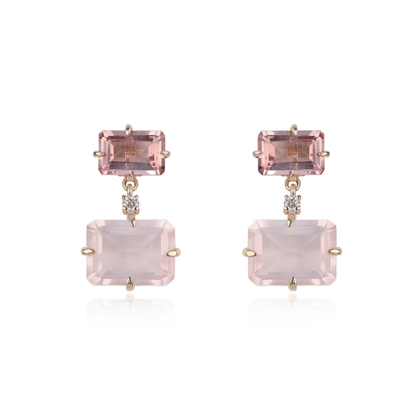 Rachel Reid Gemstone Drop Earrings feature rectangular pink gemstones, with a small stone above and a larger stone below, joined by a tiny round accent, all set in radiant 14K yellow gold prongs.