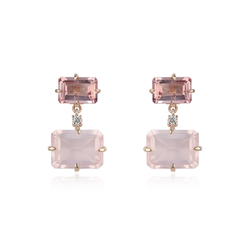 Rachel Reid Gemstone Drop Earrings feature rectangular pink gemstones, with a small stone above and a larger stone below, joined by a tiny round accent, all set in radiant 14K yellow gold prongs.