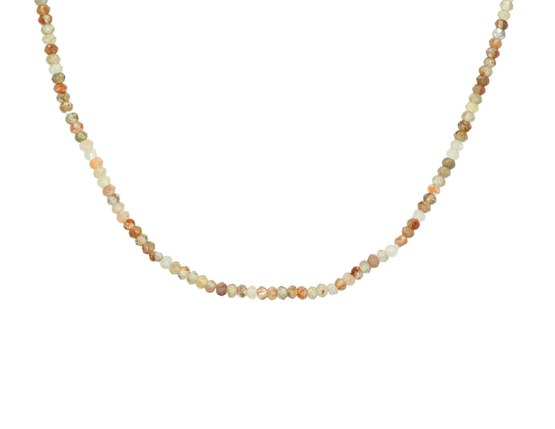 The Rachel Reid 28 Gemstone Bead Necklace features small, round beads in beige, brown, and light green tones with a secure lobster claw closure, shown on a white background.
