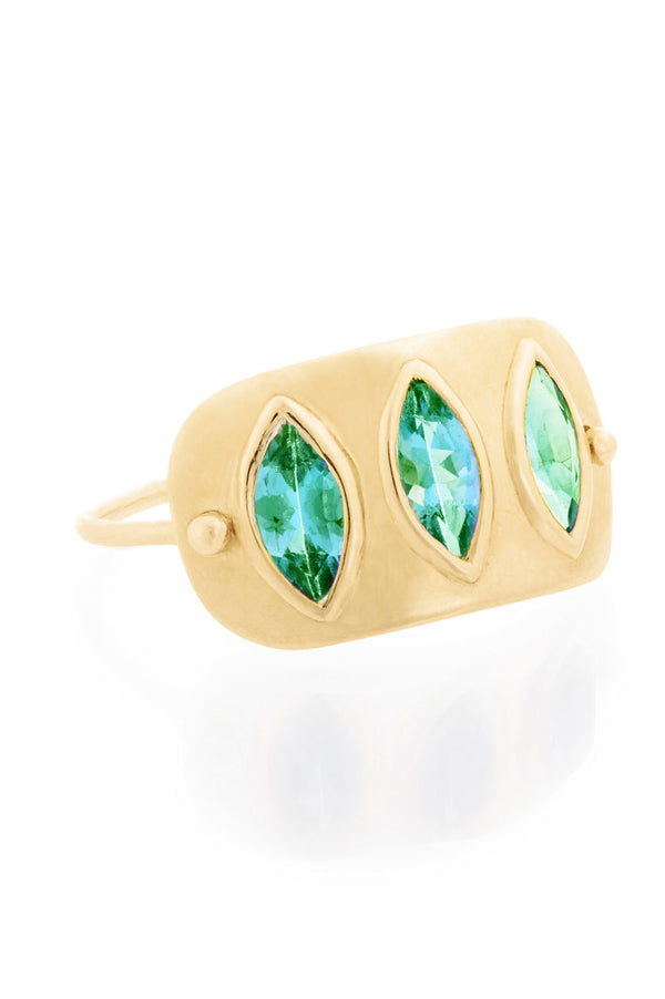 TRIPLE MARQUISE EMERALDS PLATE RING