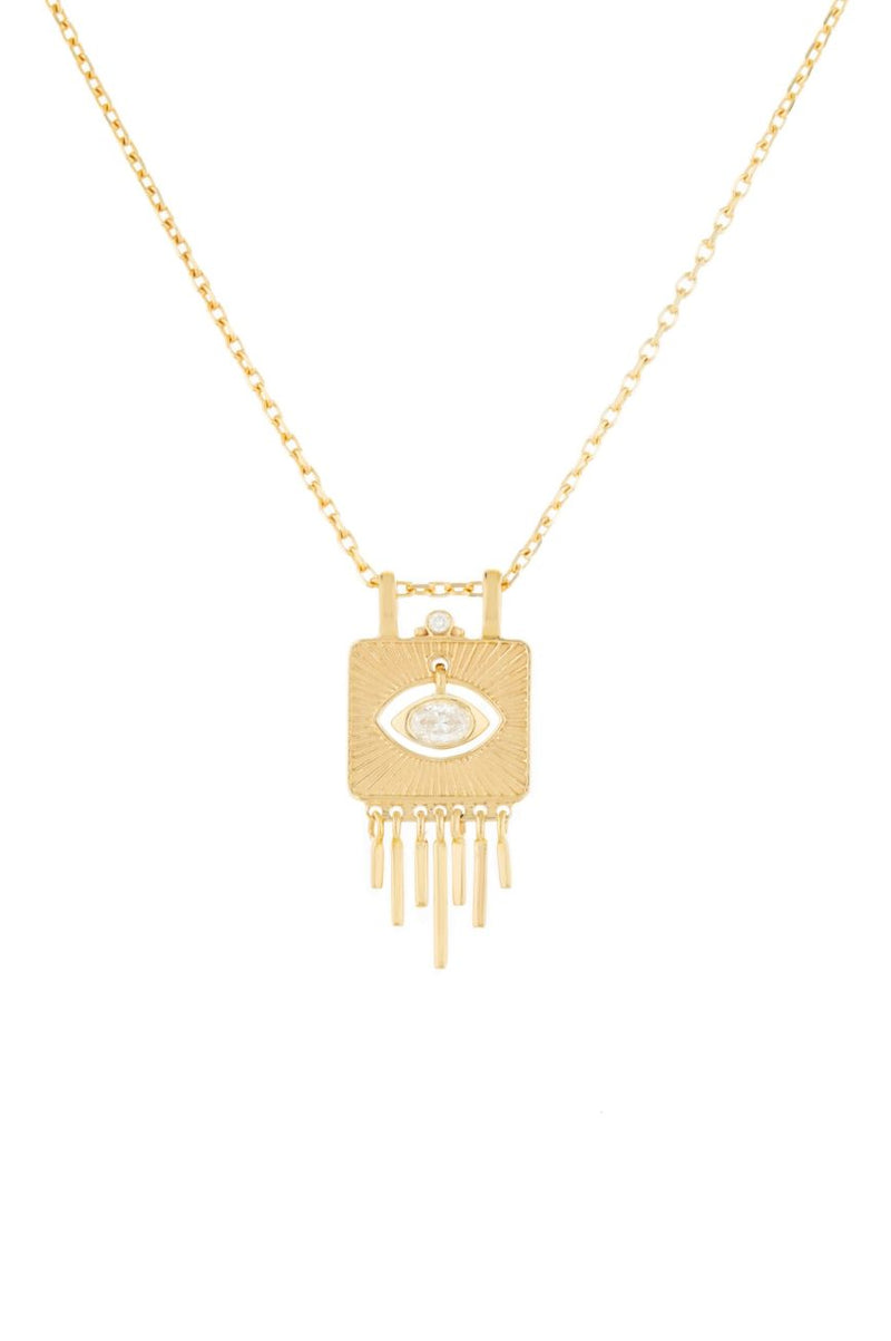 SMALL GOLD PLATE WITH SUNBEAMS & DANGLING EYE DIAMOND NECKLACE