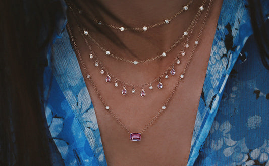 14kt Gold and Diamond Pink Sapphire Teardrop Drip Necklace