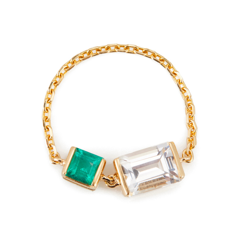 White Topaz & Emerald Chain Ring