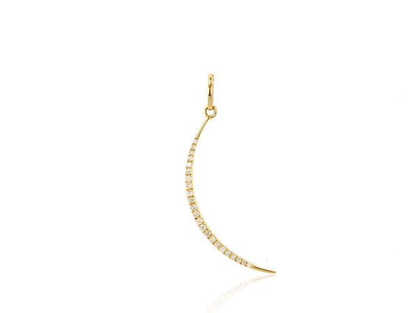 The Diamond Crescent Moon Charm by Rachel Reid features a 14k yellow gold crescent adorned with sparkling diamonds, suspended from a small loop—an elegant piece for any charm collection.