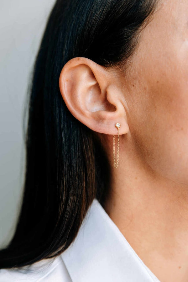 Bezel Diamond Stud Chain Earring