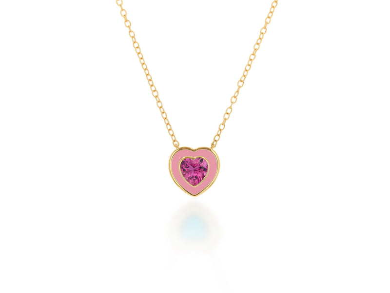 Light Pink Enamel And Pink Tourmaline Heart Necklace