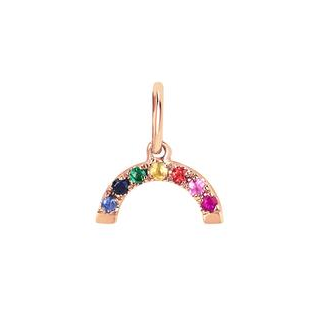 The Diamond Rainbow Charm by ef collection is a 14k gold pendant shaped like a rainbow, adorned with small gemstones in an array of colors including blue, green, yellow, and red. It comes with an adjustable chain for the perfect fit.