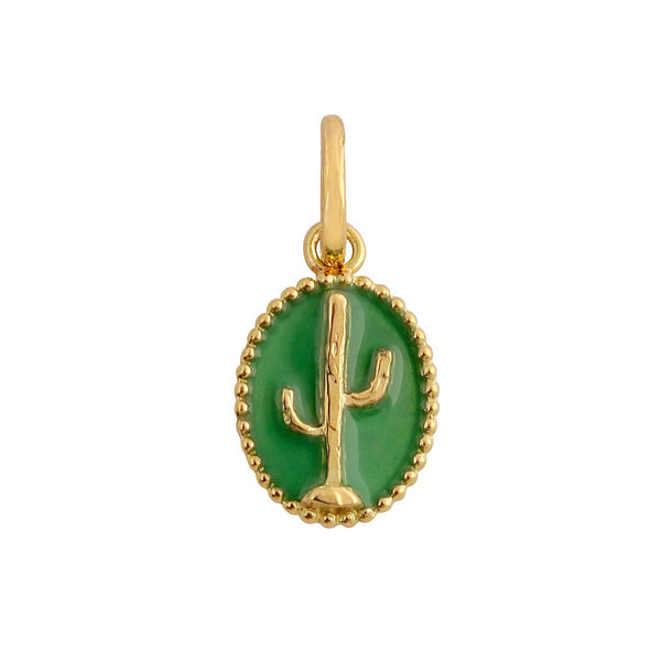 The Cactus Pendant by Gigi Clozeau is an 18k gold piece with a raised cactus design on a green oval background, surrounded by hand-lacquered resin beads. It features a loop at the top for attaching to any chain or necklace.