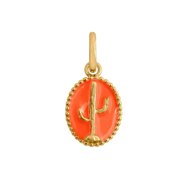 Explore Gigi Clozeaus exquisite Cactus Pendant in 18k gold, featuring a vibrant orange oval surrounded by hand-lacquered resin beads. It includes a small loop for effortless attachment to your favorite jewelry.