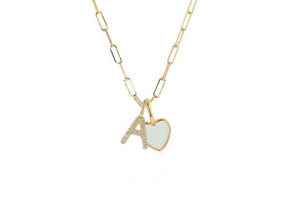 Enamel heart and diamond letter charm necklace (Baby link chain)