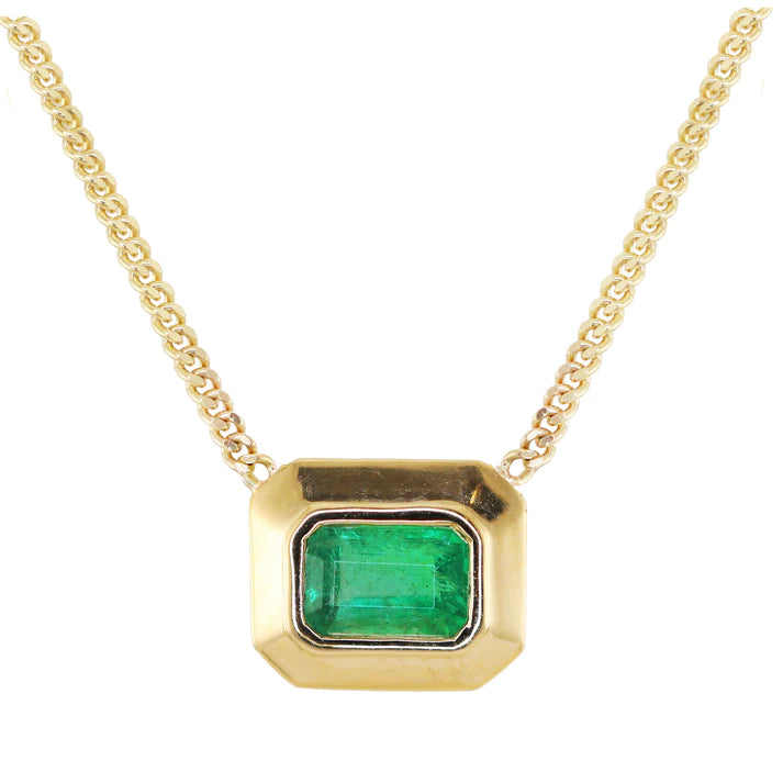 14kt Gold Thick Emerald Bezel Necklace on Flat Link Chain